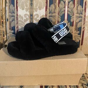 UGG Fluff  K Oh Yeah Black Sheepskin Fur Slippers Slides Sandals Sz 4 EUR 36